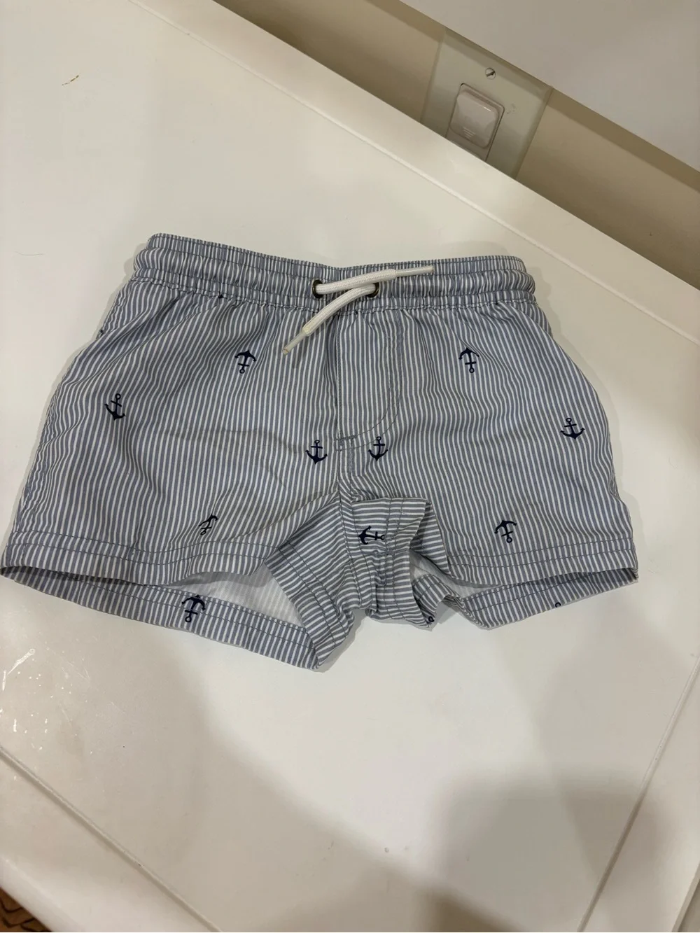 Carter's Light Blue Pinstripe Swim Shorts with Navy Anchors